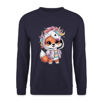 Renard kawaii dans le style dessin animé avec tenue de licorne - Sweat-shirt Unisexe - marine - Devant - Alina (178cm) & Michal (187cm)