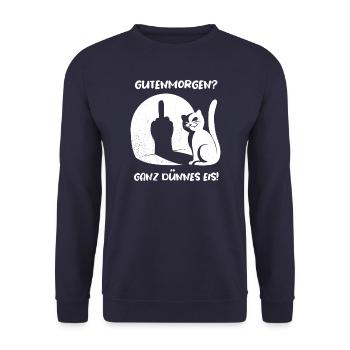Guten Morgen? Ganz dünnes Eis - lustige Katze - Unisex Pullover - Navy - Vorne - Alina (178cm) & Michal (187cm)