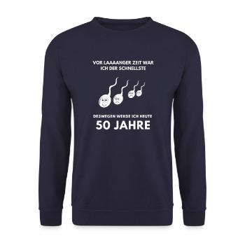 50. GEBURTSTAG Sperma 50 Jahre - Unisex Pullover - Navy - Vorne - Alina (178cm) & Michal (187cm)