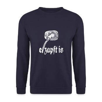 o'zapft mit Elektroauto - E-Auto Aufladen Spruch - Unisex Pullover - Navy - Vorne - Alina (178cm) & Michal (187cm)