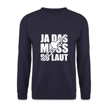 Ja das muss so laut - Posaune - Spruch - Unisex Pullover - Navy - Vorne - Alina (178cm) & Michal (187cm)