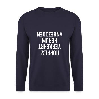 Verkehrt herum angezogen - lustiges Geschenk - Unisex Pullover - Navy - Vorne - Alina (178cm) & Michal (187cm)