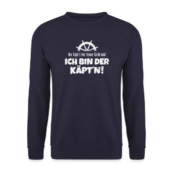 Der Käpt'n hat immer Recht (Weiß) Boot & Segeln - Unisex Pullover - Navy - Vorne - Alina (178cm) & Michal (187cm)