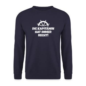Die Kapitänin hat immer Recht (Weiß) Boot & Segeln - Unisex Pullover - Navy - Vorne - Alina (178cm) & Michal (187cm)