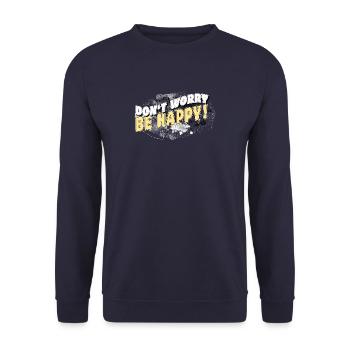 DONT WORRY BE HAPPY neg BACKGROUND stormy - Unisex Pullover - Navy - Vorne - Alina (178cm) & Michal (187cm)