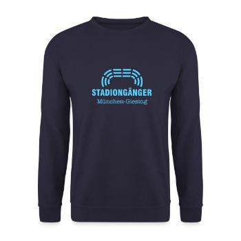 München-Giesing Stadiongänger weiß – Geschenk Fan - Unisex Pullover - Navy - Vorne - Alina (178cm) & Michal (187cm)