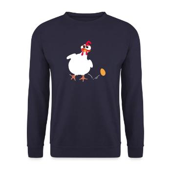 Weiße Henne legt ein Ei lustige Comic-Zeichnung - Unisex Pullover - Navy - Vorne - Alina (178cm) & Michal (187cm)