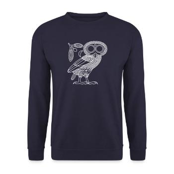 Eule der Athene [weißer Umriss + Kranz & Halbmond] - Unisex Pullover - Navy - Vorne - Alina (178cm) & Michal (187cm)