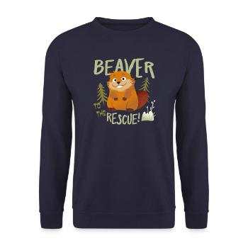 Hoppers Design Mit Spruch Beaver To The Rescue - Unisex Pullover - Navy - Vorne - Alina (178cm) & Michal (187cm)