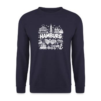 Hamburg Skyline - Sonnenuntergang - Alster - Elbe - Unisex Pullover - Navy - Vorne - Alina (178cm) & Michal (187cm)