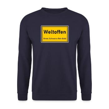 Ortsschild Weltoffen - Kreis Schwarz-Rot-Gold - Unisex Pullover - Navy - Vorne - Alina (178cm) & Michal (187cm)