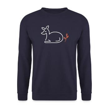 Ruhendes Reh – Minimalistische Linienkunst - Unisex Pullover - Navy - Vorne - Alina (178cm) & Michal (187cm)