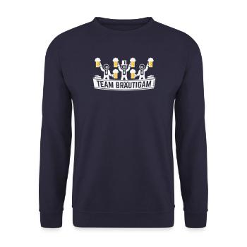 Team Bräutigam (JGA Polterabend Bierkrüge / NEG2C) - Unisex Pullover - Navy - Vorne - Alina (178cm) & Michal (187cm)
