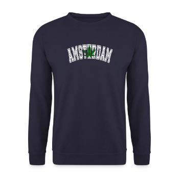 Amsterdam Design mit Cannabisblatt - Unisex Pullover - Navy - Vorne - Alina (178cm) & Michal (187cm)