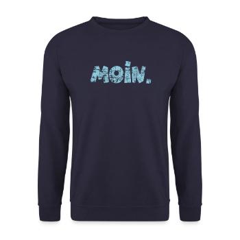 Moin. (Vintage Hellblau) Guten Morgen Gruß - Unisex Pullover - Navy - Vorne - Alina (178cm) & Michal (187cm)