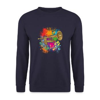 Trompete auf Farbklecksen - Unisex Pullover - Navy - Vorne - Alina (178cm) & Michal (187cm)