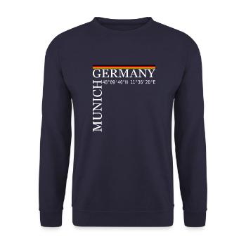 Munich Germany Koordinaten weiß - Unisex Pullover - Navy - Vorne - Alina (178cm) & Michal (187cm)