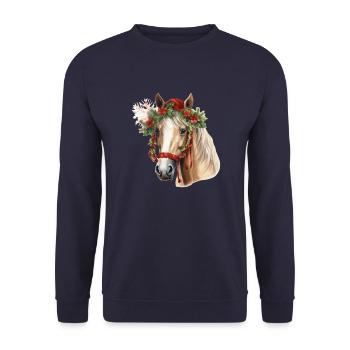Pferd mit Weihnachtsmütze, T-Shirt, Tasse - Unisex Pullover - Navy - Vorne - Alina (178cm) & Michal (187cm)
