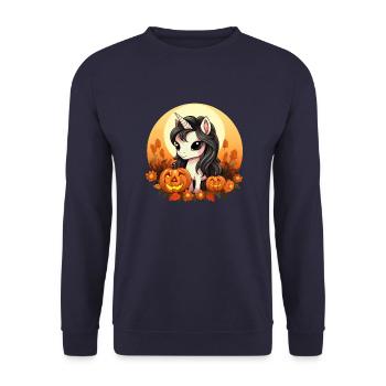 Autumn Halloween unicorn with pumpkin at the - Unisex Sweatshirt - navy - Front - Alina (178cm) & Michal (187cm)