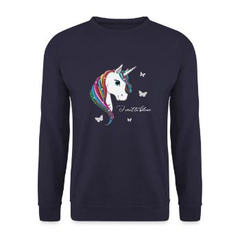 lorey.w "Licorne - Je veux croire" - Sweat-shirt Unisexe - marine - Devant - Alina (178cm) & Michal (187cm)