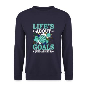 Life's About Goals Funny Water Polo Player - Unisex Pullover - Navy - Vorne - Alina (178cm) & Michal (187cm)