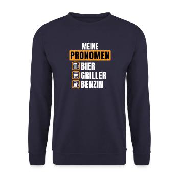 Lustiges Meine Pronomen Bier Grill Benzin Design - Unisex Pullover - Navy - Vorne - Alina (178cm) & Michal (187cm)