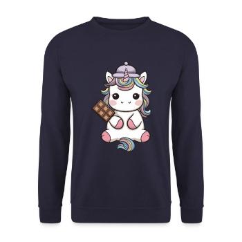 Süßes Kawaii Einhorn mit Schokolade - Unisex Pullover - Navy - Vorne - Alina (178cm) & Michal (187cm)