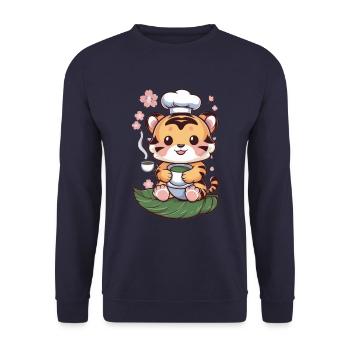 Tiger im Cartoon Stil mit grünem Tee - Unisex Pullover - Navy - Vorne - Alina (178cm) & Michal (187cm)