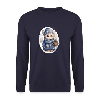 Kätzchen im Schnee mit Mütze, Schal und Mantel - Unisex Pullover - Navy - Vorne - Alina (178cm) & Michal (187cm)
