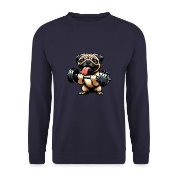 Mops-Workout: Hanteltraining mit Spaß - Unisex Pullover - Navy - Vorne - Alina (178cm) & Michal (187cm)