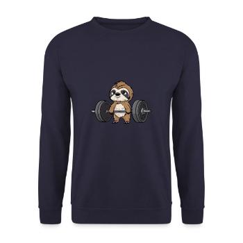Faultier beim Workout: Hantel, Bankdrücken & Kreuz - Unisex Pullover - Navy - Vorne - Alina (178cm) & Michal (187cm)