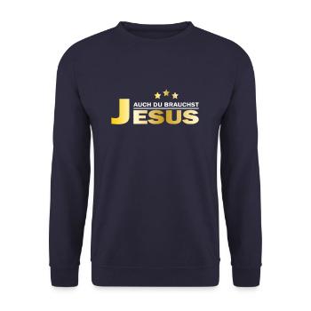 Auch du brauchst Jesus | Christliche Sprüche Gott - Unisex Pullover - Navy - Vorne - Alina (178cm) & Michal (187cm)