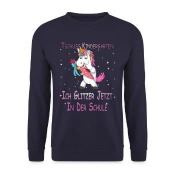 Einhorn Glitzer in der Schule Schulkind Geschenk - Unisex Pullover - Navy - Vorne - Alina (178cm) & Michal (187cm)