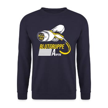 Blutgruppe Ampere Elektroauto E-Mobilität E-Auto - Unisex Pullover - Navy - Vorne - Alina (178cm) & Michal (187cm)