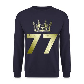 77 Zahl Krone - Unisex Pullover - Navy - Vorne - Alina (178cm) & Michal (187cm)