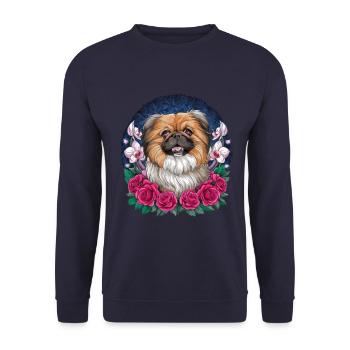 Cartoon Pekinese mit Orchideen und Rosen - Unisex Pullover - Navy - Vorne - Alina (178cm) & Michal (187cm)