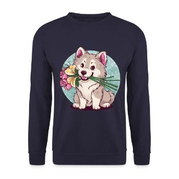 Sweet Samoyed Spitz with Roses and Lillies - Unisex Sweatshirt - navy - Front - Alina (178cm) & Michal (187cm)