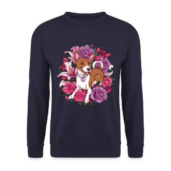 Basenji Dog with Roses and Lillies for Dog Fans - Unisex Sweatshirt - navy - Front - Alina (178cm) & Michal (187cm)