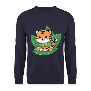 Tiger im Cartoon Stil mit grünem Tee - Unisex Pullover - Navy - Vorne - Alina (178cm) & Michal (187cm)