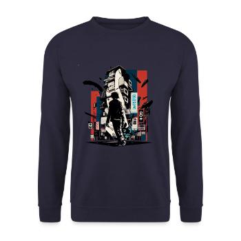Surreale japanische Comic Stadt - Street Art - Unisex Pullover - Navy - Vorne - Alina (178cm) & Michal (187cm)