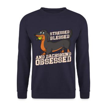 Stressed Blessed & Dachshund Obsessed Weiner Dog - Unisex Sweatshirt - navy - Front - Alina (178cm) & Michal (187cm)