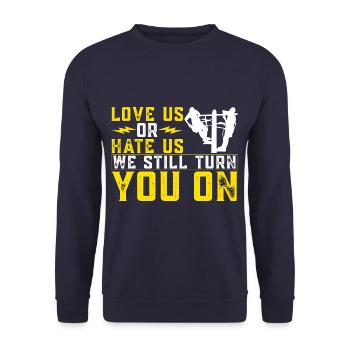 Lineman Funny We Still Turn You On Electronics - Unisex Pullover - Navy - Vorne - Alina (178cm) & Michal (187cm)