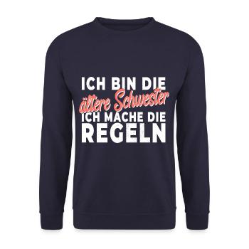 Ältere Schwester - Geschwister Liebe Spruch - Unisex Pullover - Navy - Vorne - Alina (178cm) & Michal (187cm)