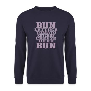 Burger Zutaten Typografie Cheeseburger Aufbau - Unisex Pullover - Navy - Vorne - Alina (178cm) & Michal (187cm)