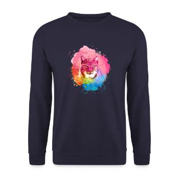 luchs,katze,blau,malerei,aquarell,pink,regenbogen - Unisex Pullover - Navy - Vorne - Alina (178cm) & Michal (187cm)
