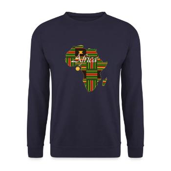 Woezoo - Karte Afrika Stoff bedruckt - Unisex Pullover - Navy - Vorne - Alina (178cm) & Michal (187cm)