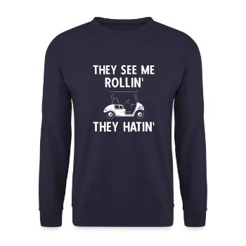 Golfer Golfing Vintage Golf Masters Golfspieler - Unisex Pullover - Navy - Vorne - Alina (178cm) & Michal (187cm)