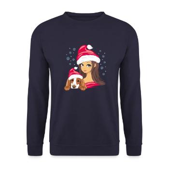 Mädchen mit einem Cockerspaniel-Hund in Weihnachtsmützen - Unisex Pullover - Navy - Vorne - Alina (178cm) & Michal (187cm)