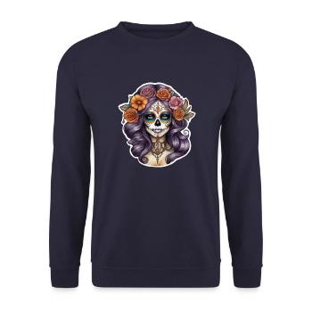 Frauen Skull im mexikan Stil Tatoo Art - Unisex Pullover - Navy - Vorne - Alina (178cm) & Michal (187cm)