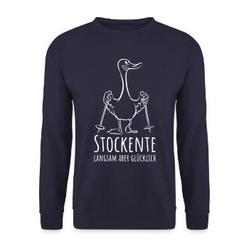 Stockente Ente mit Stöcken langsam aber glücklich - Unisex Pullover - Navy - Vorne - Alina (178cm) & Michal (187cm)